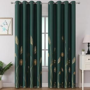 image:imageEstelar Textiler Green Blackout Curtains for Bedroom 84 Inches Long Thermal Insulated Energy Saving Grommet Curtains for Living Room Gold Palm Leaves Printed Window Drapes 52Wx84L 2 Panels
